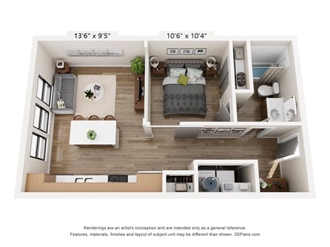 Floor plan for 1 bed, 1 bath, 613 sqft